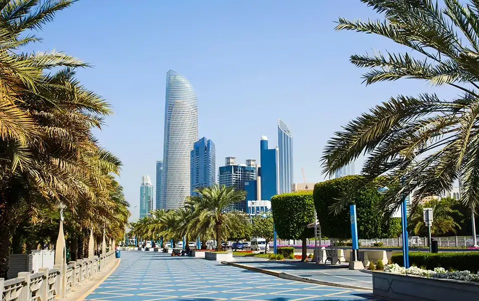 Croaziere Abu Dhabi - bulevard modern cu palmieri si cladiri contemporane